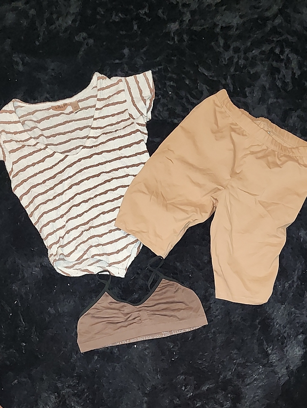 Kids Cream & Brown Striped Top with Tan Shorts Matching Set Bundle